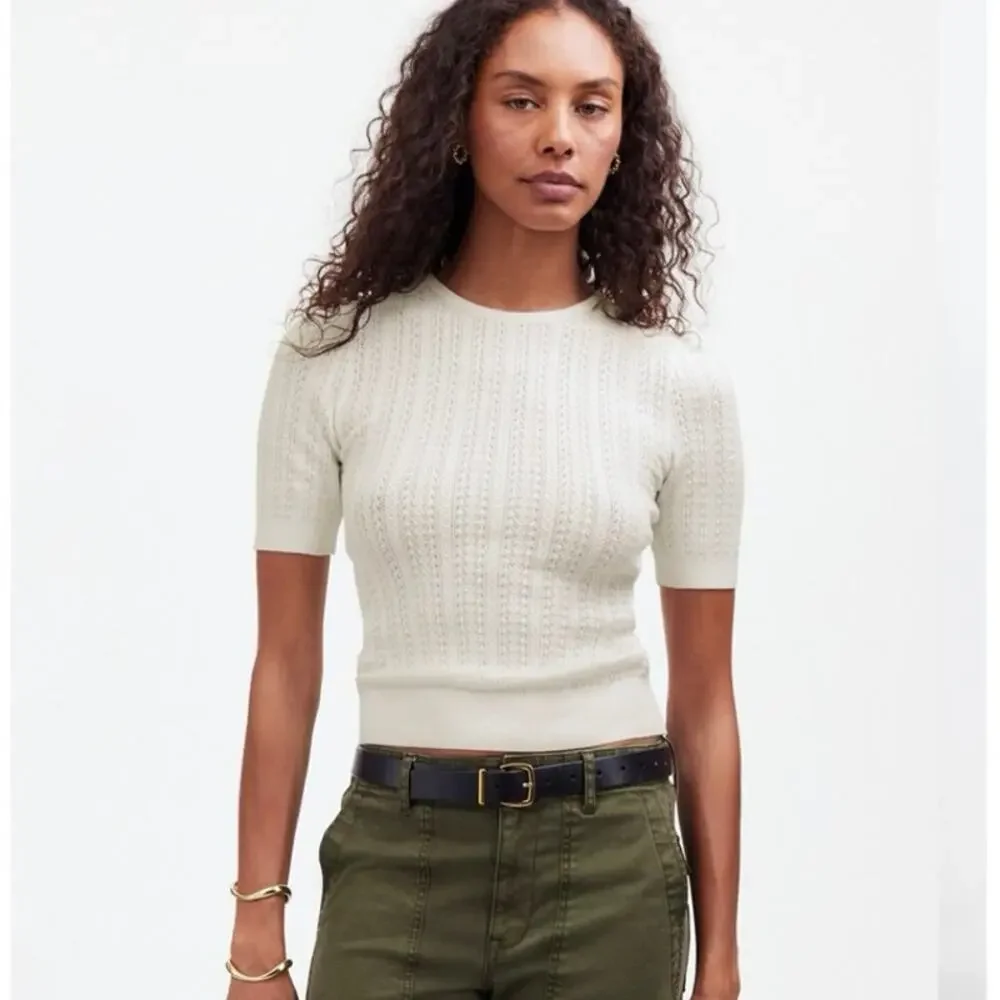 Madewell Medium White Signature Open Knit Sweater Tee Puff Sleeve Keyhole